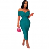 Green Off-Shoulder V-Neck Low-Cut Pleated Bodycon Sexy Women Midi Dress