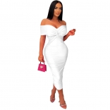 White Off-Shoulder V-Neck Low-Cut Pleated Bodycon Sexy Women Midi Dress