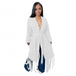 White Knitting Tassels Women Fashion Cotton Sweater Coat