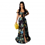 Black Low-Cut Printed Fashion Women Slit Maxi Dress