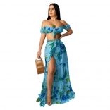 Blue Low-Cut Printed Fashion Women Slit Maxi Dress