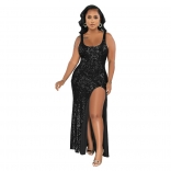 Black Halter Low-Cut Sequin Sleeveless Sexy Slit Women Maxi Dress