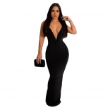 Black Deep V-Neck Sleeveless Fashion Club Nights Maxi Dress