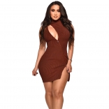 Red Zipper Sexy V-Neck Bodycon Cotton Party Sexy Dress