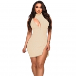 Beige Zipper Sexy V-Neck Bodycon Cotton Party Sexy Dress