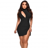 Black Zipper Sexy V-Neck Bodycon Cotton Party Sexy Dress