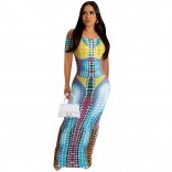 Blue Off-Shoulder Boat-Neck Printed Sexy Bodycon Maxi Dress