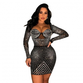 Black Long Sleeve Low-Cut V-Neck Mesh Rhinestone Bodycon Mini Dress