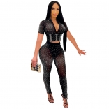 Black Zipper Rhinestone Mesh 2PCS Bodycon Sexy Jumpsuit