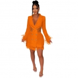 Orange Feather Long Sleeve Deep V-Neck Button Lace Sexy OL Dress