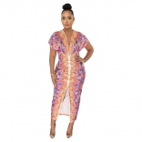 Pink Short Sleeve Deep V-Neck Printed Fashion Midi Dress