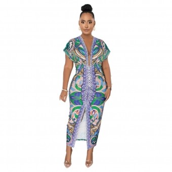 Green Short Sleeve Deep V-Neck Printed Fashion Midi Dress