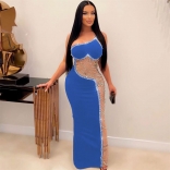 Blue Halter Lace Mesh Rhinestone Sexy Fashion Jersey Long Dress