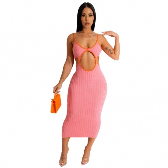 Pink Halter Low-Cut Hollow-out Sexy Cotton Club Midi Dress