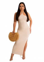 Beige Halter Sleeveless Lace Sexy Women Maxi Dress