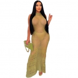 Green Hollow-out Nets Fashion Sexy Women Midi Dress