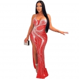 Red Mesh Party Sleeveless Rhinestone Women Maxi Dress