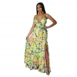 Green Halter V-Neck Printed Fashion Women Jersey Long Dress