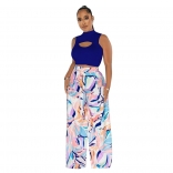 Blue Sleeveless Sexy Tops Printed Women Jumpsuit Dress