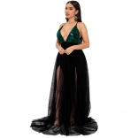 Green Deep V-Neck Sequin Halter Mesh Evening Long Dress