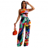 Blue Off-Shoulder Printed Halter Women Sexy Jumpsuit