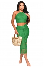 Green Tassels Sleeveless Nets Sexy Women Midi Dress