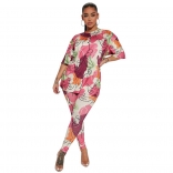 Short Sleeve O-Neck Printed 2PCS Fashion Jumpsuit