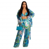 Green Long Sleeve Printed Sexy Bra 3PCS Fashion Jumpsuit Sets