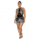 Black Sleeveless Halter Neck Mesh Rhinestone Sexy Rompers