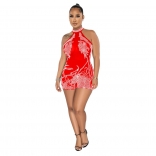 Red Sleeveless Halter Neck Mesh Rhinestone Sexy Rompers