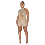 Beige Sleeveless Halter Neck Mesh Rhinestone Sexy Rompers