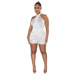 White Sleeveless Halter Neck Mesh Rhinestone Sexy Rompers