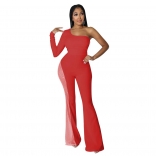 Red Long Sleeve Mesh Lace Rhinestone Women Fashion Jumpsuit