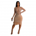 Beige Mesh Rhinestone Long Sleeve Bodycon Fashion Mini Dress