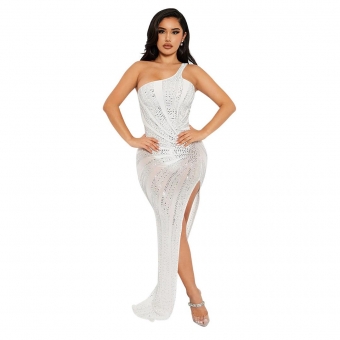 White Halter Straps Mesh Rhinestone Bodycon Evening Long Dress