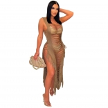 Khaki Halter Cotton Tassels Hollow-out Sexy Maxi Dress