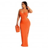 Orange Sleeveless Straps Hollow-out Nets Sexy Long Dress