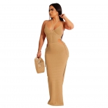 Khaki Sleeveless Straps Hollow-out Nets Sexy Long Dress