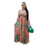 Orange Halter Straps Printed V-Neck Fashion Women Jumpsuit Dress