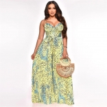 Yellow Halter Straps Printed V-Neck Fashion Women Jumpsuit Dress