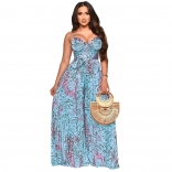 Blue Halter Straps Printed V-Neck Fashion Women Jumpsuit Dress