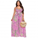 Pink Halter Straps Printed V-Neck Fashion Women Jumpsuit Dress