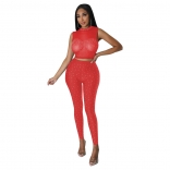 Red Sleeveless O-Neck 2PCS Mesh Bodycon Women Sexy Jumpsuit