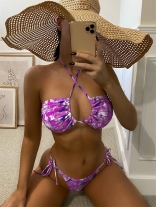 Purple Halter Printed Sexy Bikini Swimwear