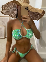 Green Halter Printed Sexy Bikini Swimwear