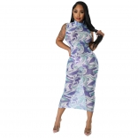 Blue Printed Sleeveless Mesh Sexy Women Midi Dress