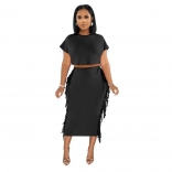 Black O-Neck Tassels Bodycon Sexy Women Midi Dress