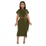 Green O-Neck Tassels Bodycon Sexy Women Midi Dress