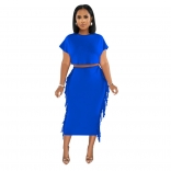 Blue O-Neck Tassels Bodycon Sexy Women Midi Dress