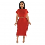 WineRed O-Neck Tassels Bodycon Sexy Women Midi Dress